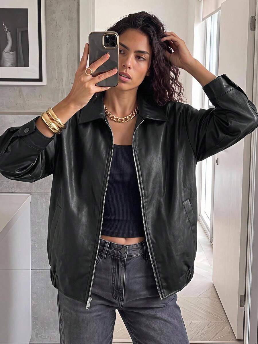 Maija Drop Shoulder Zip Up PU Cropped Leather Jacket In Fall/Winter Black - Black - View 1