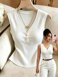 Elenzga Women's Solid Color Button Design V-Neck Casual Tank Top - White - View 1