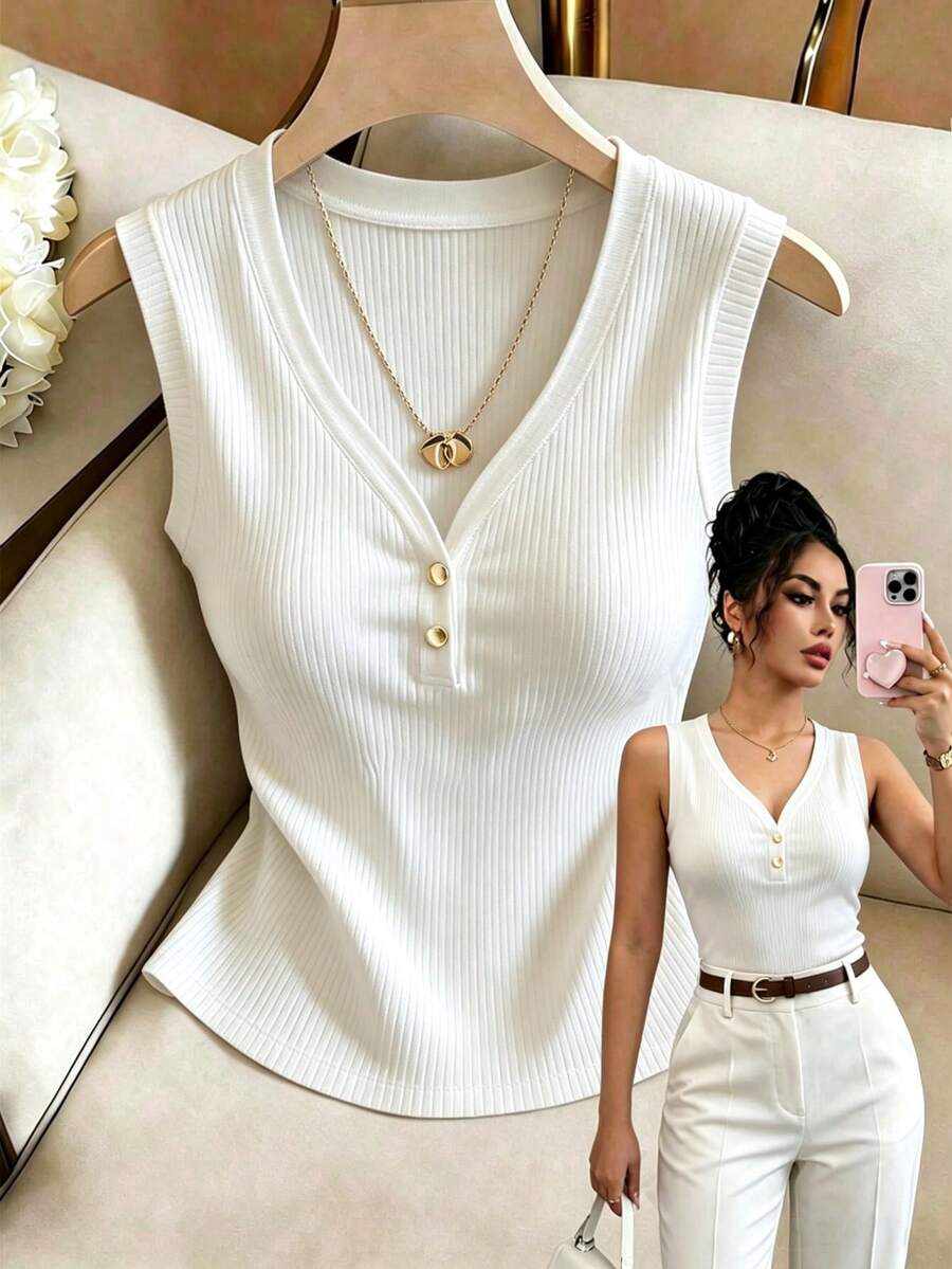Elenzga Women's Solid Color Button Design V-Neck Casual Tank Top - White - View 1