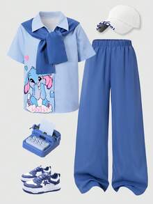 Casuvi Kids 女童超舒適時尚條紋短袖上衣與直筒長褲套裝 - 彩色 - 查看 3