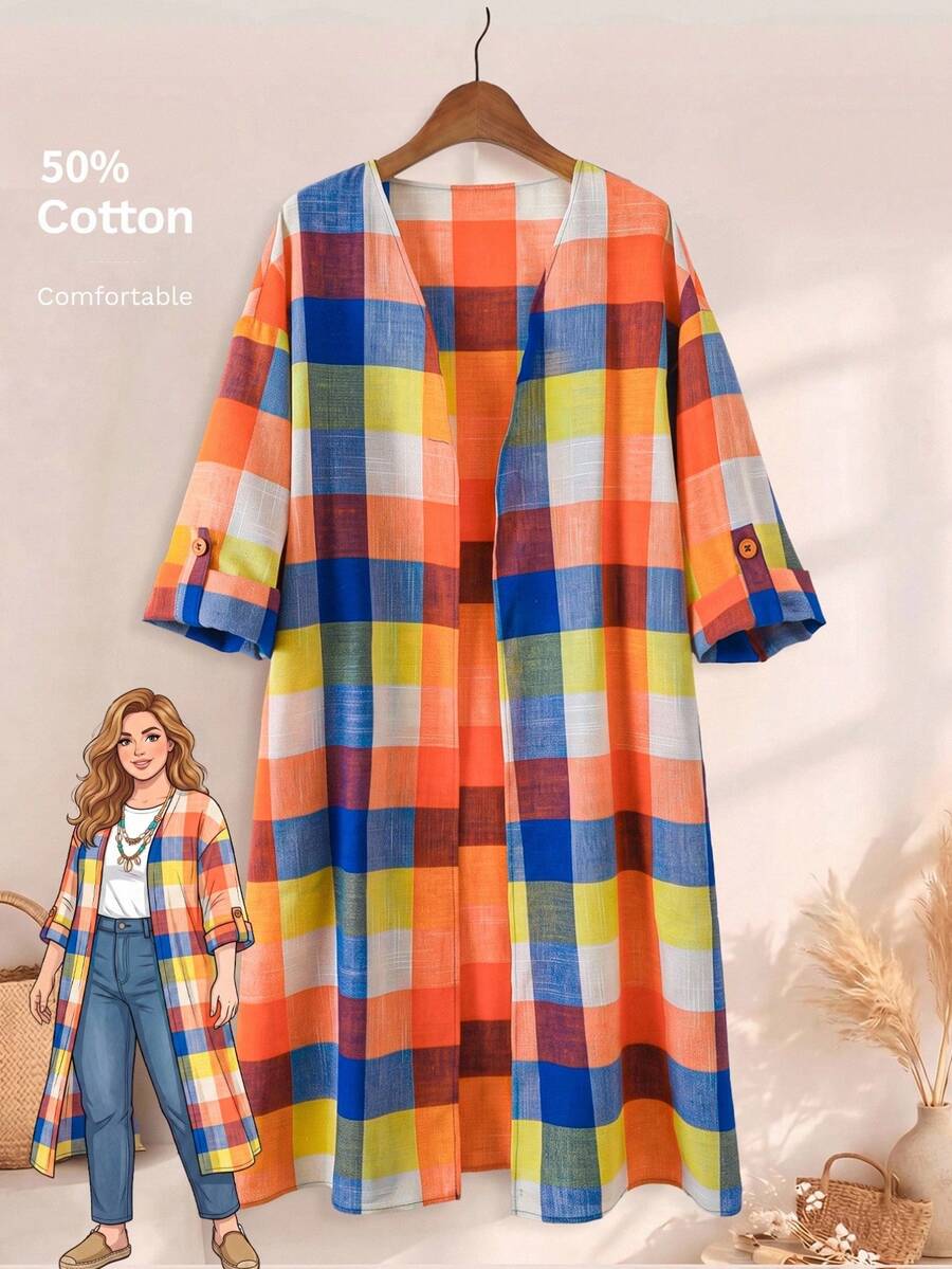 Rosumi Plus Size Plaid Colorful Long Sleeve Open Front Jacket Fall Autumn Casual Layering Vacation Going Out Outfits Women - Multicolor - View 1