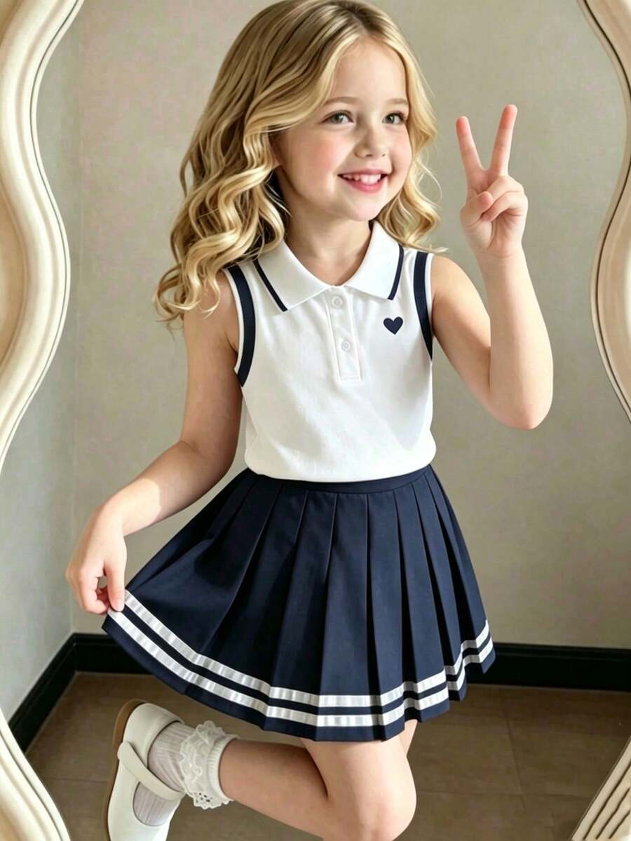 SHEIN Elladie kids 2 件套少女校园风心形印花翻领无袖上衣和蝴蝶结饰边百褶裙,适合夏季返校季 - 彩色 - 查看 1
