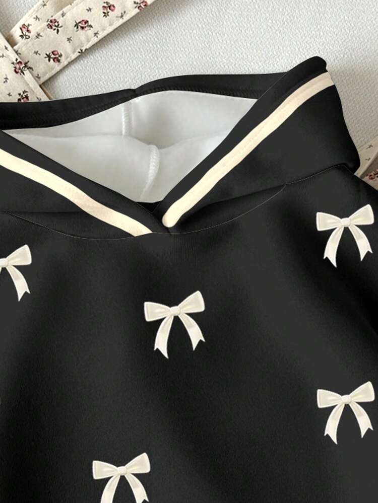 Tween Girls Casual Elegant Sweet Polka Dot Bow Print, Black & White Contrast, Thick Soft Comfortable Hooded Sweatshirt Suitable For Autumn/Winter, Graphic, Cozy, Y2K, Cozy Fall & Winter Styles - Multicolor - View 4