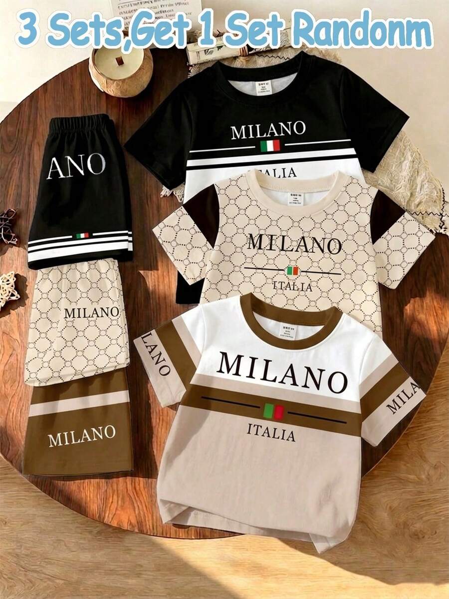 2件組幼兒休閒時尚度假格紋字母印花 MILANO, ITALIA 圓領短袖T恤與經典大字母印花短褲休閒套裝 - 彩色 - 查看 1
