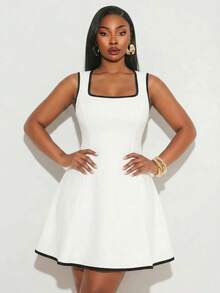 Radiana Plus Size Women's Elegant French Date Night Evening Dress, Colorblock Trim A-Line Sleeveless Waist-Cinched Dress, Autumn Winter Summer Women's Dress, - Black and White - View 4