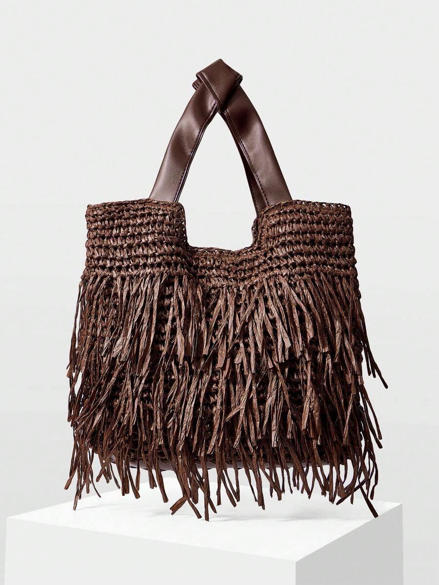 MOTF LADIES BROWN TOTE BAG, CASUAL VACATION FRINGED HANDBAG, SUITABLE FOR VACATION, TRAVEL, BEACH, SEASIDE, BOHEMIA - Coffee - View 2