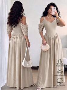 Elenzga Elegant Romantic Exquisite Women's Spaghetti Strap Sexy Off-Shoulder Print A-Line Vacation Dress - Apricot - View 5