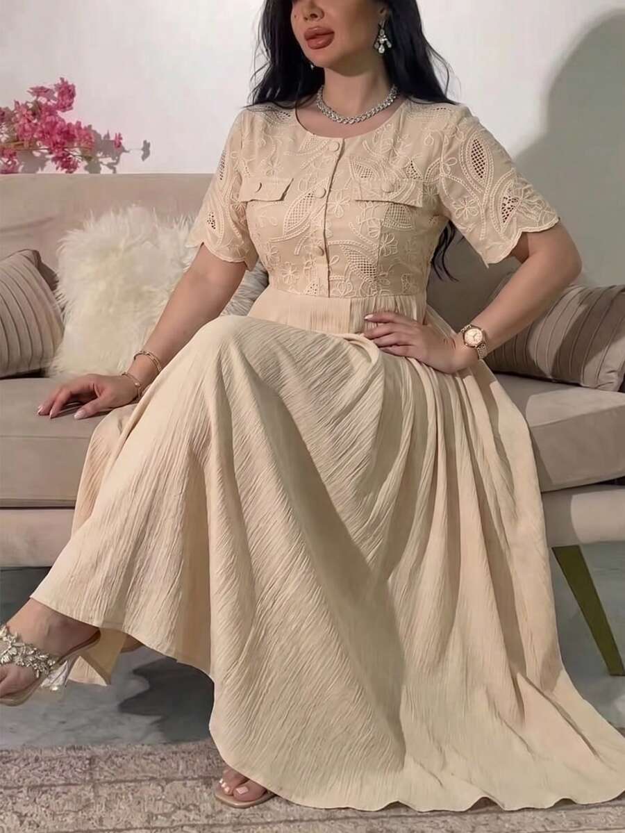 Modelyn Plus Size Women's Elegant Lace Button Dress For Evening Party - Apricot - View 1