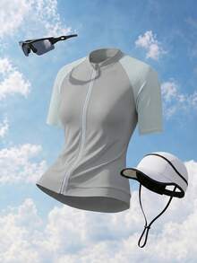 SHEIN Cheerettes 女款拼色拉鍊休閒日常騎行短袖上衣 - 灰色 - 查看 1
