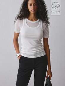 ATUI Studio Women's Faux Two Layer T-Shirt Soft Cotton Stretch Top Everyday Essential For Work Going Out Daytime Travel All White Summer Modest Basic Minimalist - White - View 1