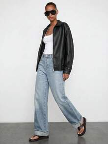Maija Drop Shoulder Zip Up PU Cropped Leather Jacket In Fall/Winter Black - Black - View 4