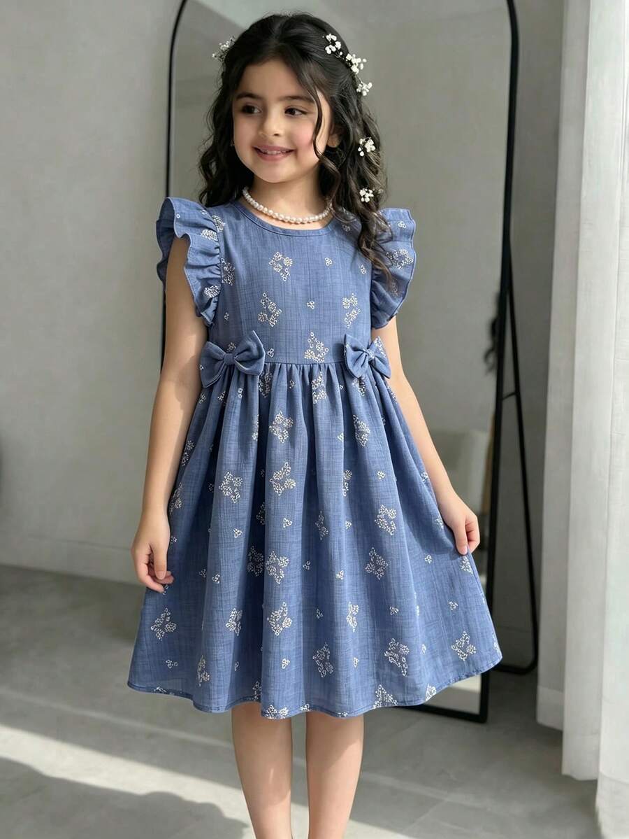 Elladie kids 春夏皇家藍小碎花橡膠印花女童方領短袖泡泡袖收腰大裙擺蝴蝶結裝飾公主風洋裝（日常外出/生日派對/校園穿著）側邊3D蝴蝶結裝飾可愛荷葉袖A字洋裝