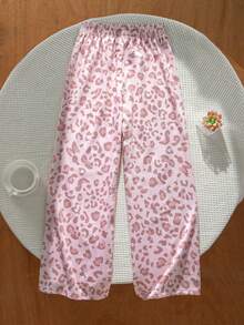 SHEIN 1pc Girls' Soft Sweet Style Light Pink All-Over Leopard Print Elastic Waist Loose Wide Leg Casual Long Pants For Home, Street, Campus, Commute, Spring/Autumn - Baby Pink - View 2
