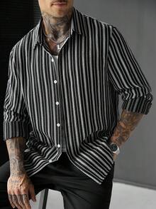 SLATEMANN 男士復古黑白條紋紋理休閒度假修身長袖襯衫 - 黑色 - 查看 6