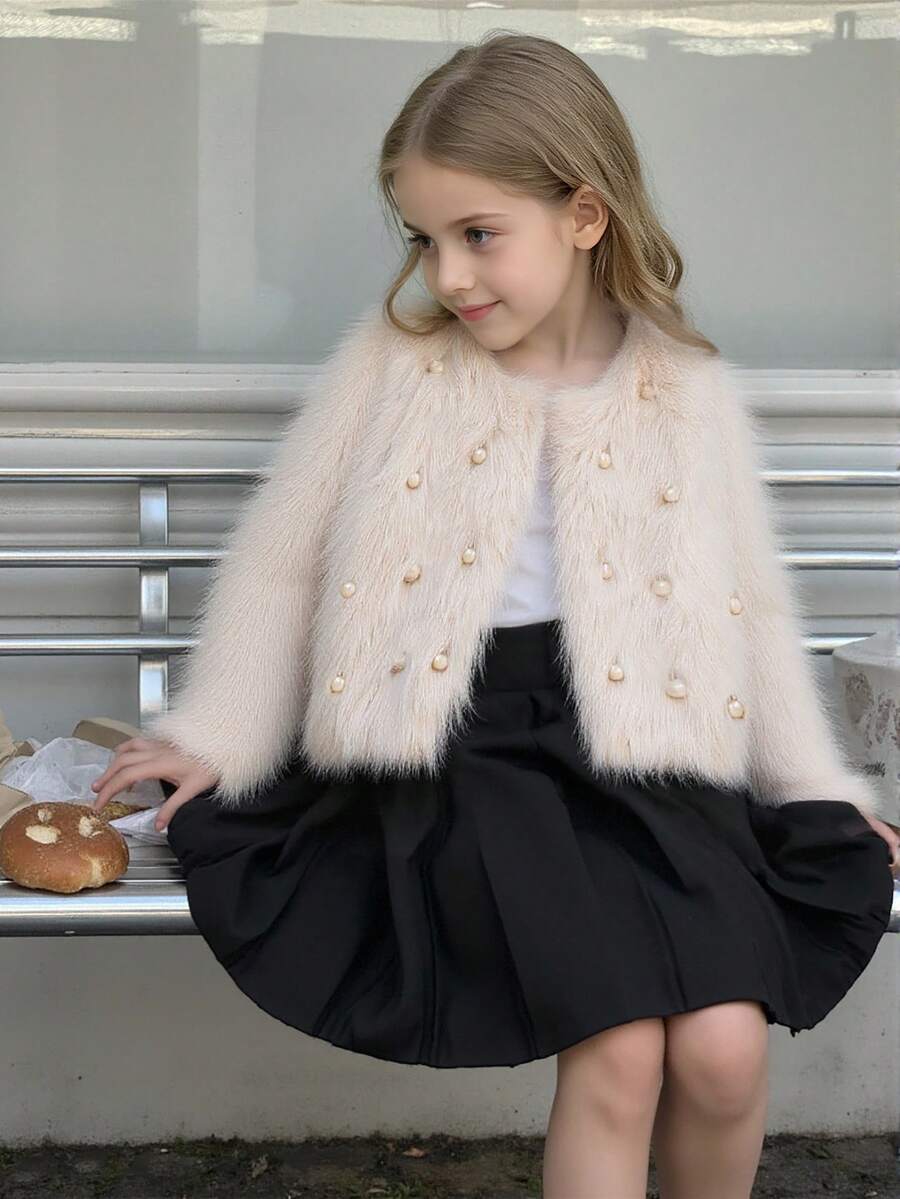 Elladie kids 女童毛茸茸珍珠裝飾外套,適合休閒、時尚且優雅的日常穿著,秋冬毛皮夾克 - 杏色 - 查看 1