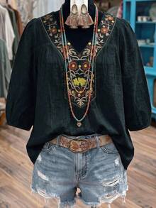 Linhara 女款刺繡休閒度假百搭寬鬆五分袖上衣 秋季 - 墨綠色 - 查看 3