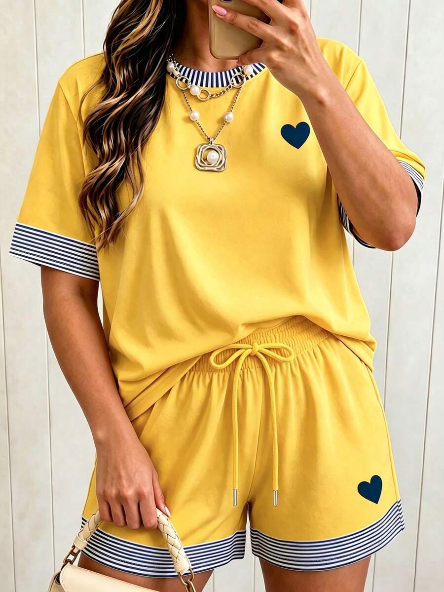 Selamara Navy Blue Heart Print Yellow Set: Round Neck Striped Short Sleeve + Drawstring Shorts, Slim-Fit Korean Style Two Pieces Home Set - Multicolor - View 1