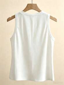 Elenzga Women's Solid Color Button Design V-Neck Casual Tank Top - White - View 2