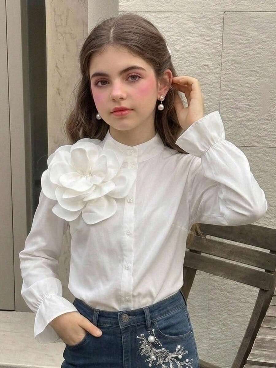 SHEIN 青少年女孩優雅校園簡約風 3D 花朵泡泡袖時尚襯衫 秋冬款