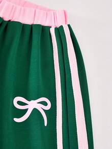 SHEIN Casuvi Kids 女童休閒運動長褲 單件 美式休閒風 百搭日常運動寬鬆直筒運動褲 配色腰頭 配色織帶 蝴蝶結印花裝飾 標準厚度 適合春秋日常休閒與運動穿著 - 墨綠色 - 查看 8