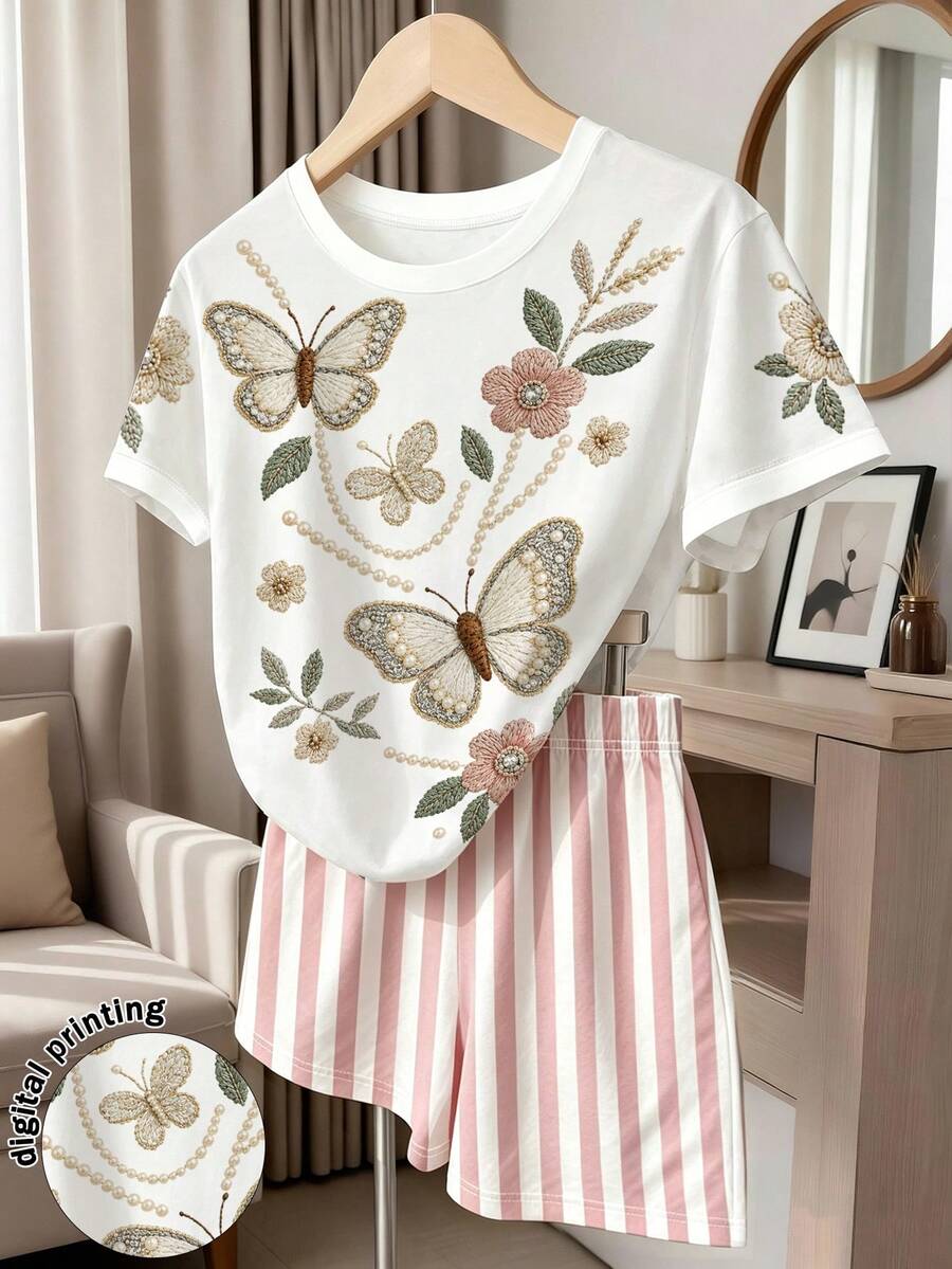 SHEIN 女童夏季與秋季休閒短袖T恤套裝,圖案設計,舒適日常穿著,簡約風格女童套裝 - 彩色 - 查看 1
