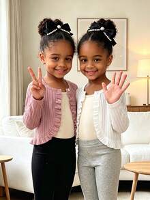 SHEIN Elladie kids 女童紋理針織布粉色與白色長袖荷葉邊兩件套甜美可愛小外套，適合日常休閒度假穿著 - 彩色 - 查看 5