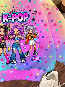 女嬰休閒女團印花 K-Pop 超級巨星款 厚實柔軟舒適圓領套頭運動衫，適合秋冬穿著 - 彩色 - 查看 4