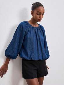 ATUI Studio Women's Solid Color Fashion French Casual Versatile Pleated Denim Top Brunch Navy Blue Autumn - Dark Wash - View 2