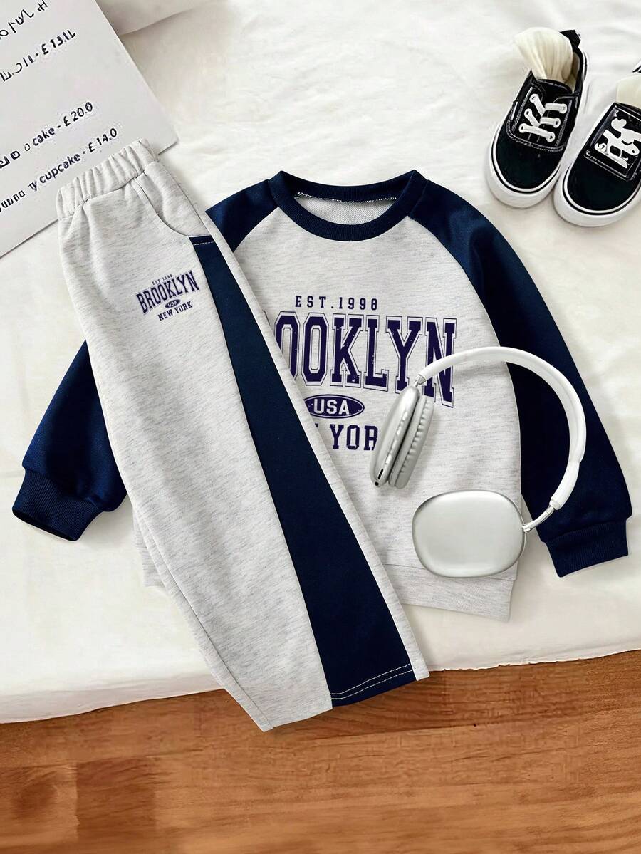 Casuvi Kids 2件組 男童秋冬加厚抓絨韓式簡約深藍灰拼色落肩圓領運動衫與配色寬鬆運動長褲套裝,春季日常穿搭 - 彩色 - 查看 1