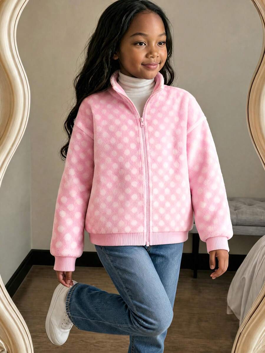 Elladie kids 女童甜美可愛波點粉色毛絨立領拉鍊外套,適合日常休閒穿著與外出,春秋冬三季適用 - 粉色 - 查看 1