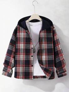 SHEIN Casuvi Kids 1件男童秋冬保暖內裡加厚休閒學院風格紋連帽套頭針織衫，舒適面料，新春/秋季款，休閒返校穿搭，適合多季節穿著 - 彩色 - 查看 1
