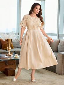 Modelyn Plus Size Women's Elegant Lace Button Dress For Evening Party - Apricot - View 6