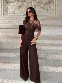 Firerie Women's New Dark Brown Solid Color Elegant Short Sleeve Lace Patchwork Wide Leg Jumpsuit, Sleeveless Jumpsuit, Daily Commute Women's Jumpsuit, Elegant Romantic Wedding Banquet Jumpsuit, Lace Patchwork Jumpsuit, Elastic Knit Jumpsuit - Coffee Brown - View 2