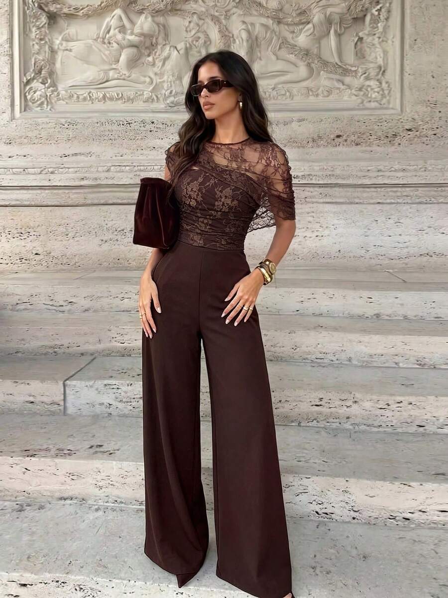 Firerie Women's New Dark Brown Solid Color Elegant Short Sleeve Lace Patchwork Wide Leg Jumpsuit, Sleeveless Jumpsuit, Daily Commute Women's Jumpsuit, Elegant Romantic Wedding Banquet Jumpsuit, Lace Patchwork Jumpsuit, Elastic Knit Jumpsuit