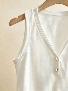Elenzga Women's Solid Color Button Design V-Neck Casual Tank Top - White - View 4