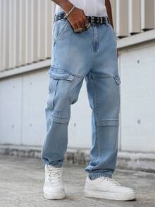 Manfinity EMRG Men's Streetwear Multi-Pocket Design Washed Denim Cargo Pants - Light Wash - View 4