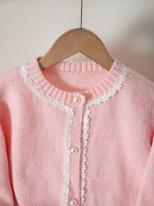 Girls' New Fashion Pearl Button Lace Trim Long Sleeve Knit Cardigan - Multicolor - View 3