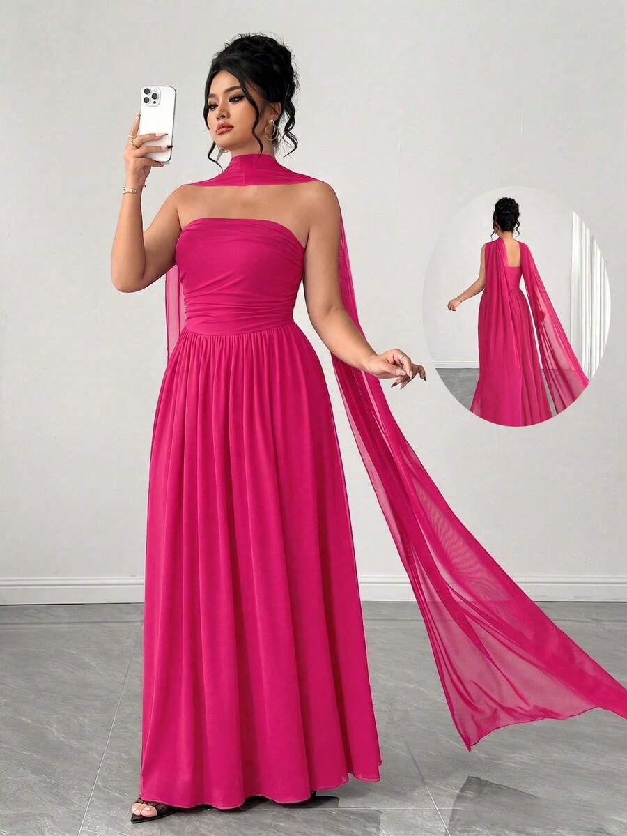Elenzga Vestido largo de mujer de verano con bufanda de malla, pliegues en el pecho, dobladillo extra largo hasta el suelo, elegante, de moda y romántico - Rosa Fucsia - Ver 1