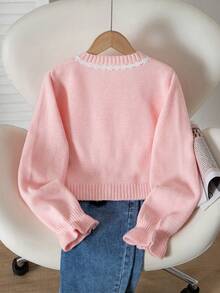 Girls' New Fashion Pearl Button Lace Trim Long Sleeve Knit Cardigan - Multicolor - View 2