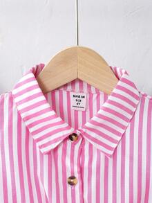 SHEIN Elladie kids 年轻女孩宽松梭织春装，落肩设计，粉色条纹领，前襟纽扣，时尚腰带，舒适休闲/度假装 - 粉色 - 查看 9
