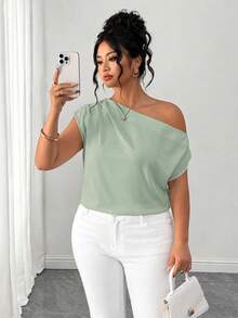 Elenzga Plus Size Women's Elegant Solid Color Pleated Asymmetrical Shoulder Neckline Blouse, Suitable For Casual Commute, Daily Wear Fall - Green - View 8