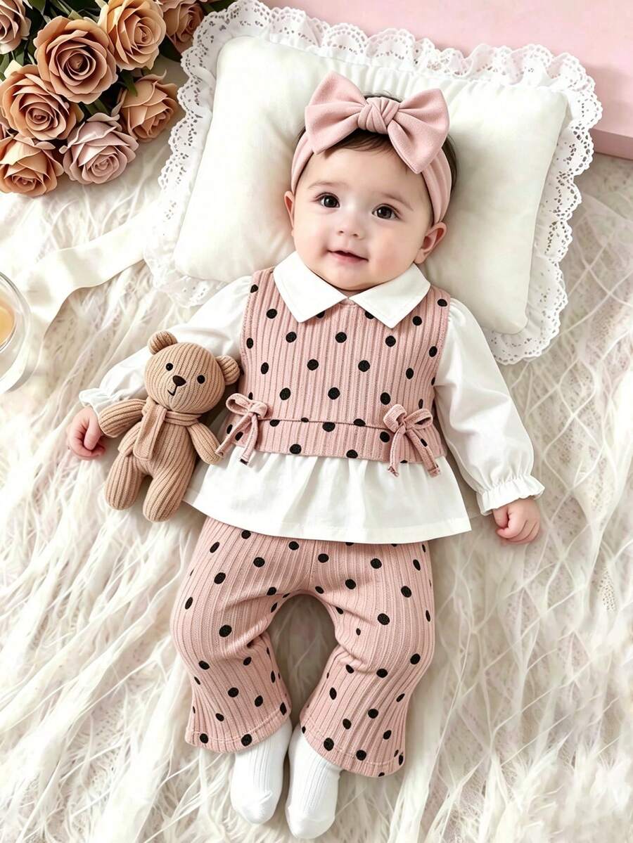 SHEIN 2件組 2026年女嬰新生兒秋季套裝 小翻領袖口拼接色塊 2合1後扣門襟上衣 休閒寬鬆針織長褲 極簡風 - 杏色 - 查看 1