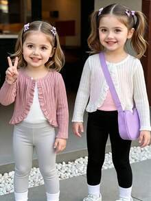 SHEIN Elladie kids 女童紋理針織布粉色與白色長袖荷葉邊兩件套甜美可愛小外套，適合日常休閒度假穿著 - 彩色 - 查看 6