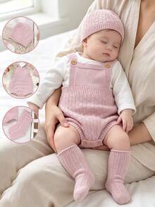SHEIN Newborn Baby Girls' Pink Knit Romper, Socks & Hat 3-Piece Set, Solid Color & Versatile, Perfect For Daily Wear In Spring, Autumn, And Winter - Pink - View 10