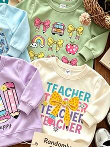 SHEIN 1pc Random, Girls Back To School Cartoon Crew Neck Sweatshirt, Pencil Print, Rainbow Apple Pencil Print, Cute Pencil School Bus Bow Print, Loose Drop Shoulder Soft Long Sleeve Pullover, Children's Autumn Winter Daily Versatile Casual Lively Top, School Style Top, Spring Summer Autumn Winter, All Season Spring Autumn Winter, Four Seasons Style - Multicolor - View 4