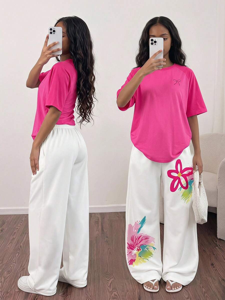 Tween Girls Digital Floral Print Sweatpants, Casual Comfortable For Autumn/Winter, Suitable For Outdoor Sports,, Random 1pc Sent,Back To School,Cute - Multicolor - View 1