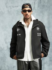 INCRYTM Men's Letter Print Long Sleeve Casual Drawstring Hooded Jacket - Black - View 3