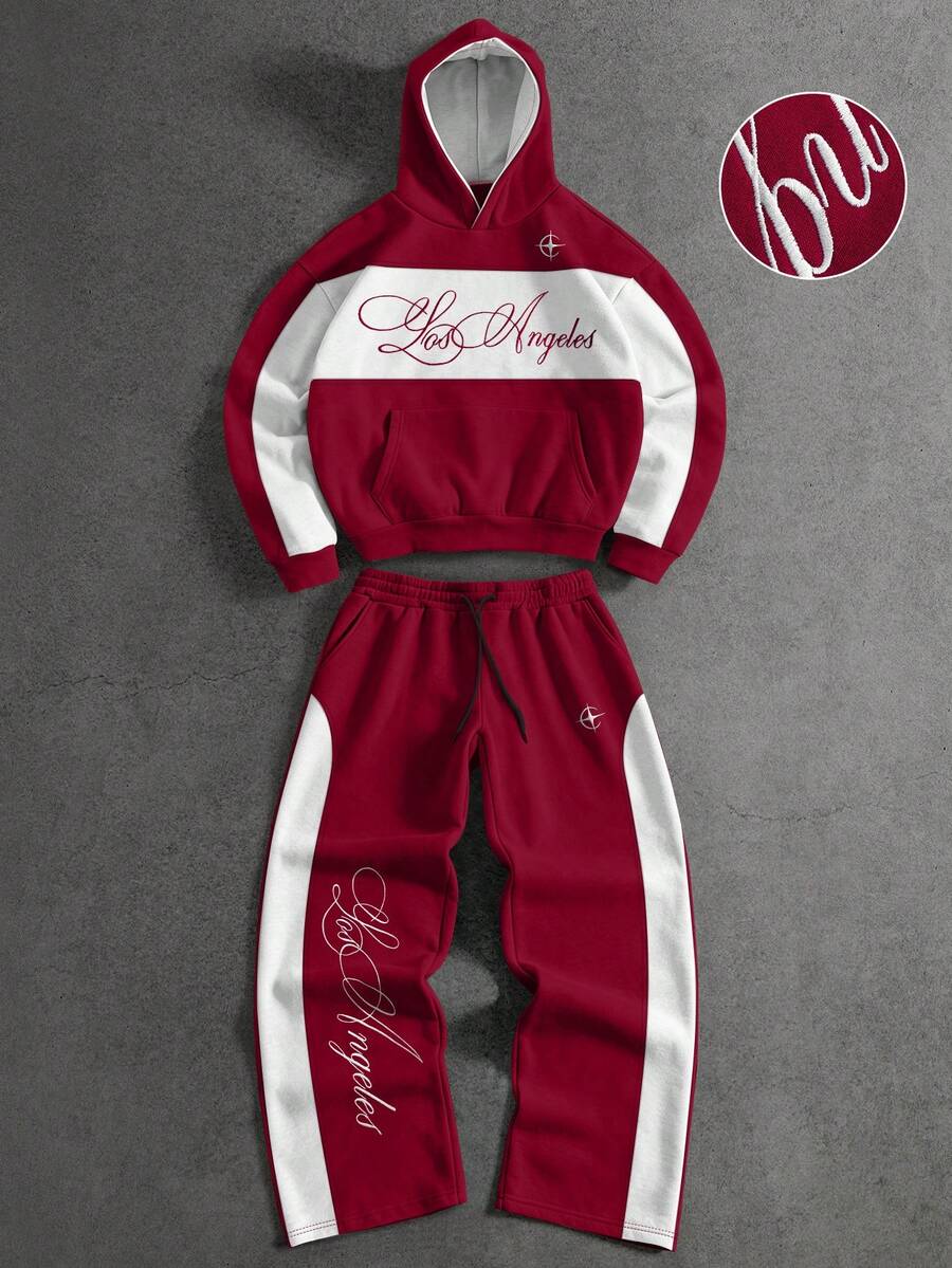 PAVTROS 男士拼色拼接連帽衛衣與運動長褲套裝 - 彩色 - 查看 1