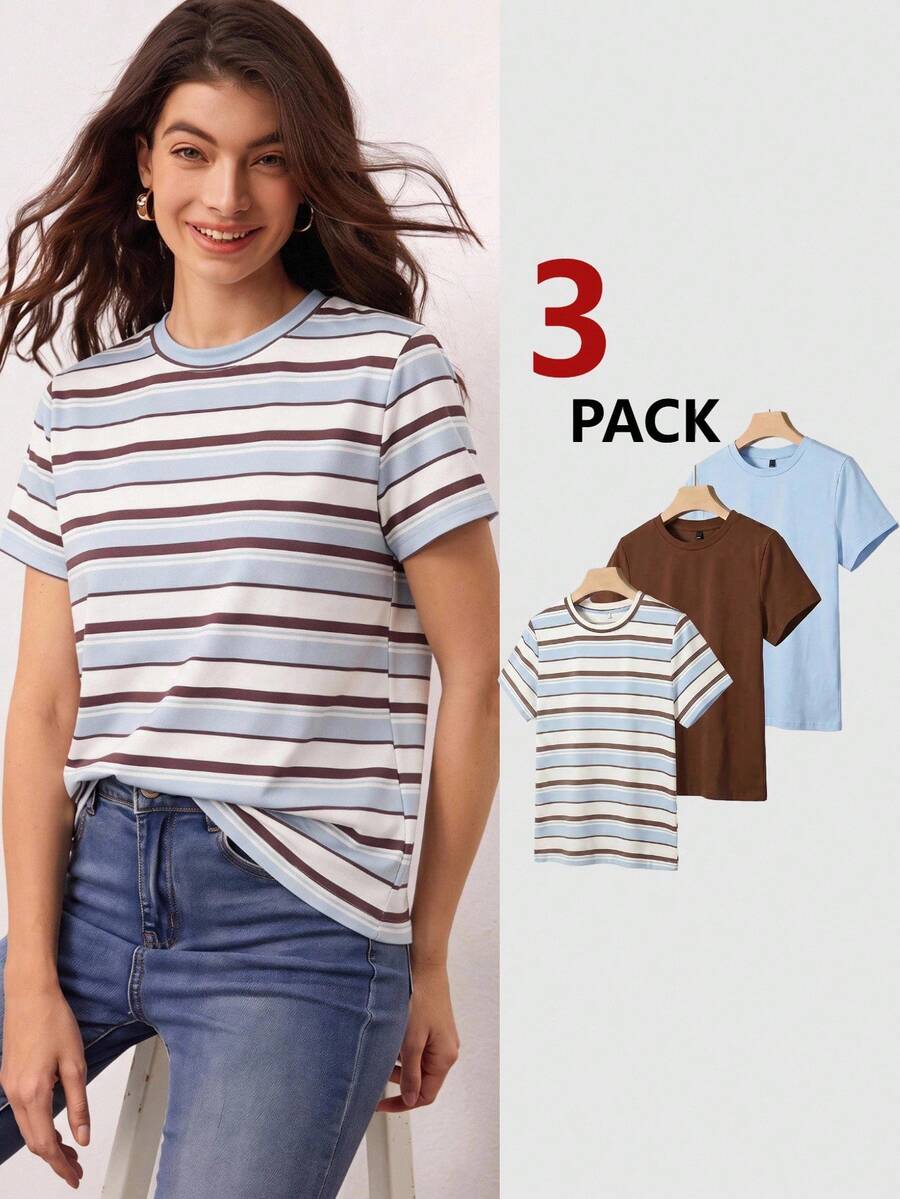 SHEIN BASICS 女款簡約百搭圓領短袖T恤 3件組 日常穿著 - 彩色 - 查看 1