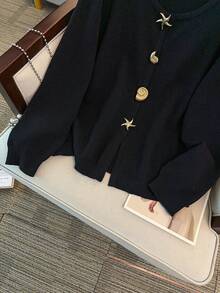 GlowEve CURVE Plus Size Casual Irregular Button Crew Neck Long Sleeve Cardigan Winter - Black - View 6